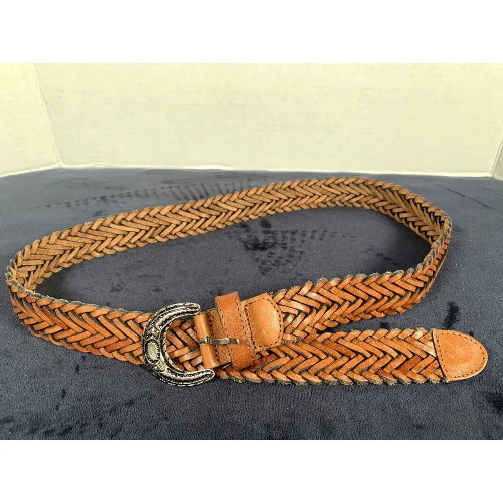 Vintage Womens Braided Belt Leather Brown Medium Solid Silver Tone Buckle Nice‎